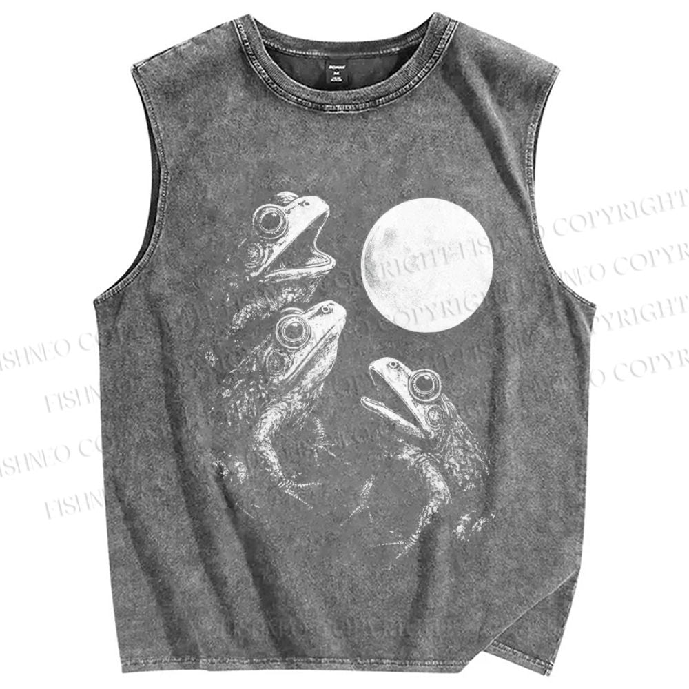 Unisex Frogs Howling To Moon Vintage Printed Washed Tank Top