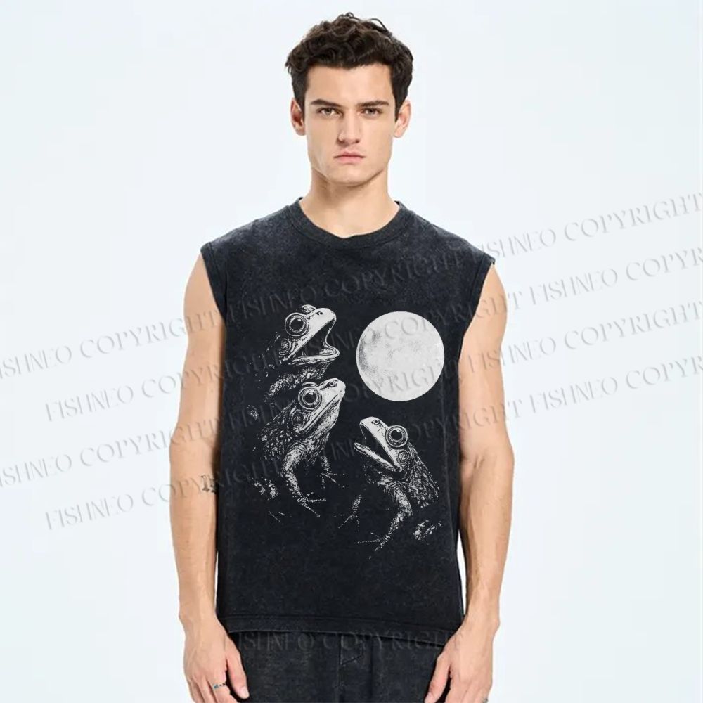 Unisex Frogs Howling To Moon Vintage Printed Washed Tank Top