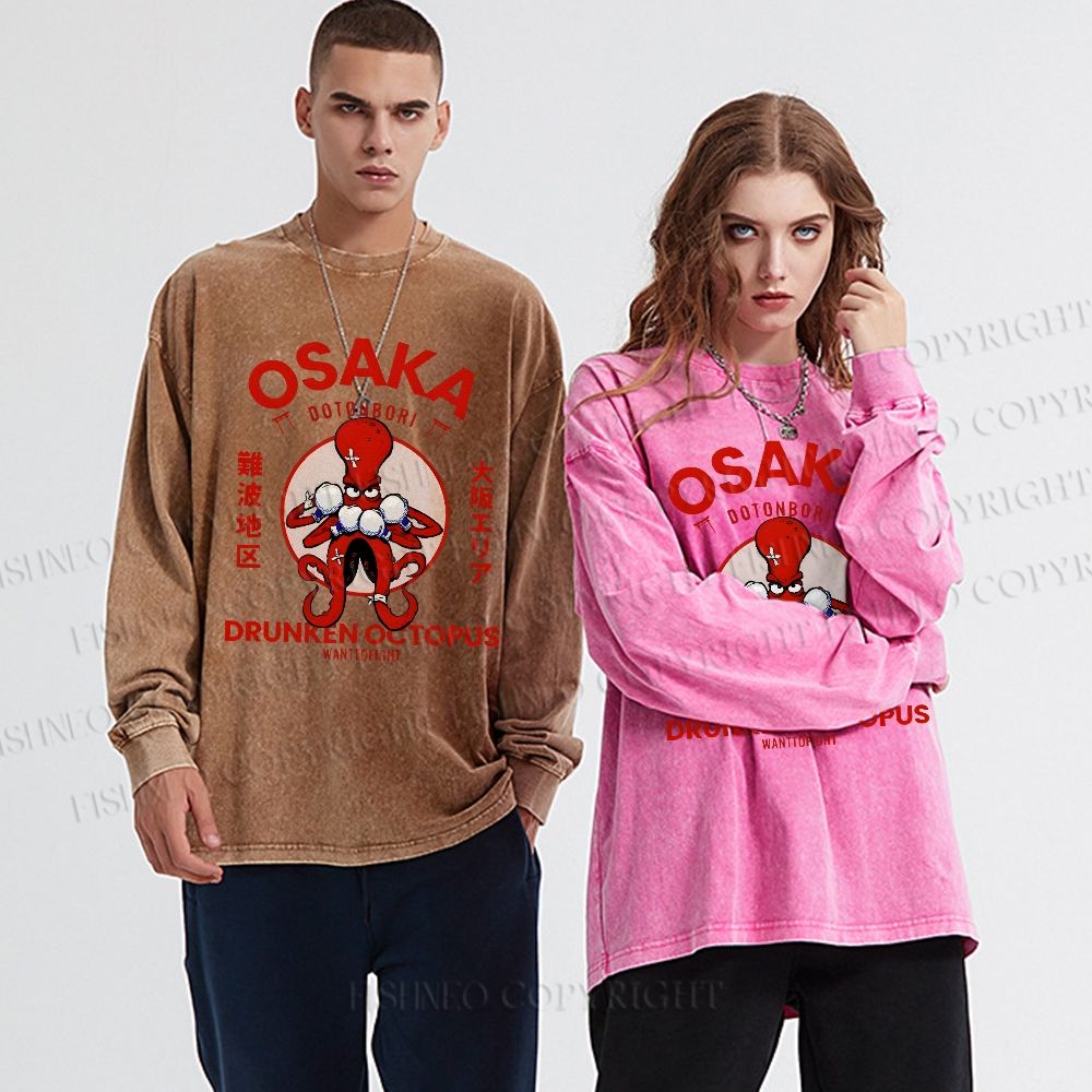 Unisex Casual Washed Osaka Drunken Octopus Vintage Printed Long Sleeve T-shirt