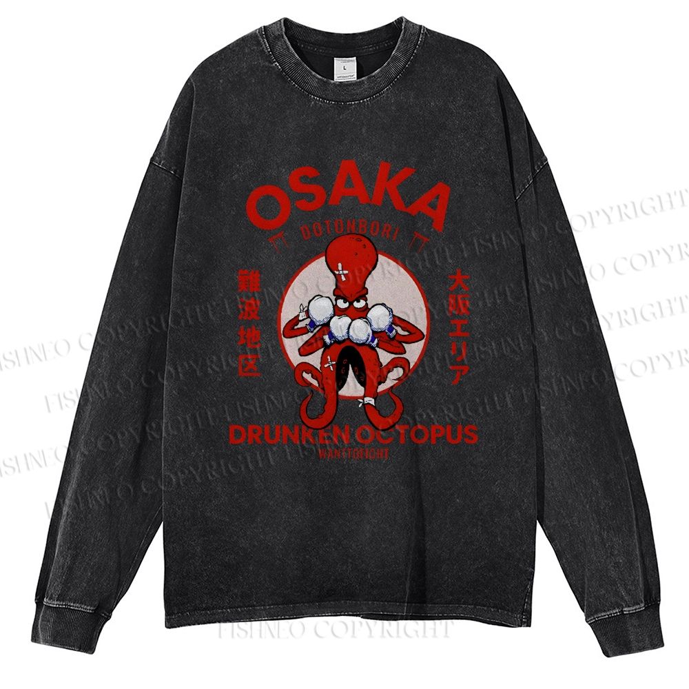 Unisex Casual Washed Osaka Drunken Octopus Vintage Printed Long Sleeve T-shirt