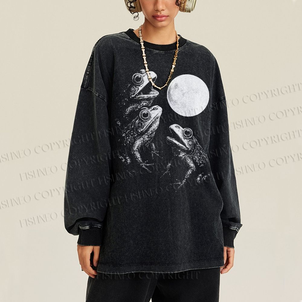 Unisex Casual Washed Frogs Howling To Moon Vintage Printed Long Sleeve T-shirt