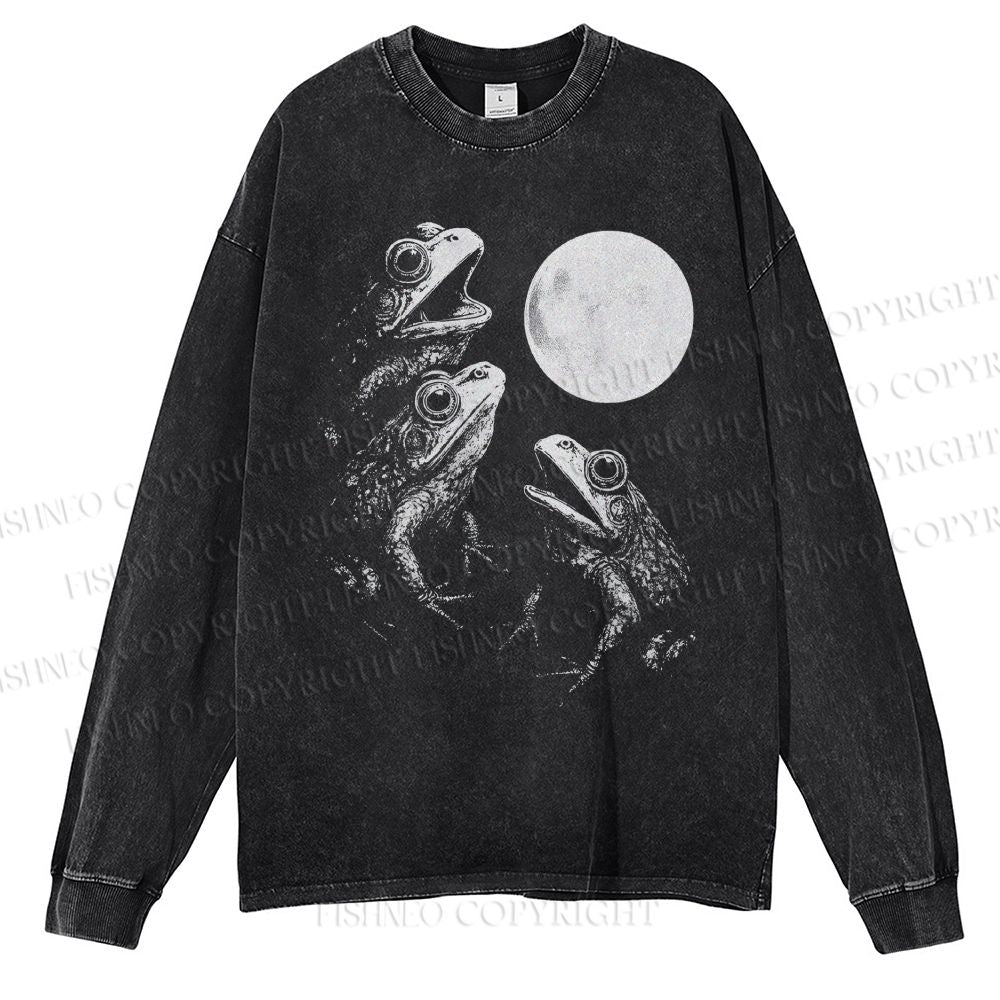 Unisex Casual Washed Frogs Howling To Moon Vintage Printed Long Sleeve T-shirt