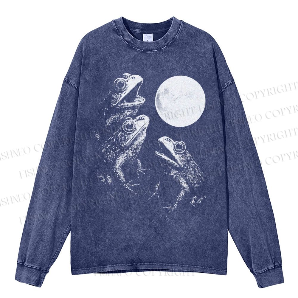 Unisex Casual Washed Frogs Howling To Moon Vintage Printed Long Sleeve T-shirt