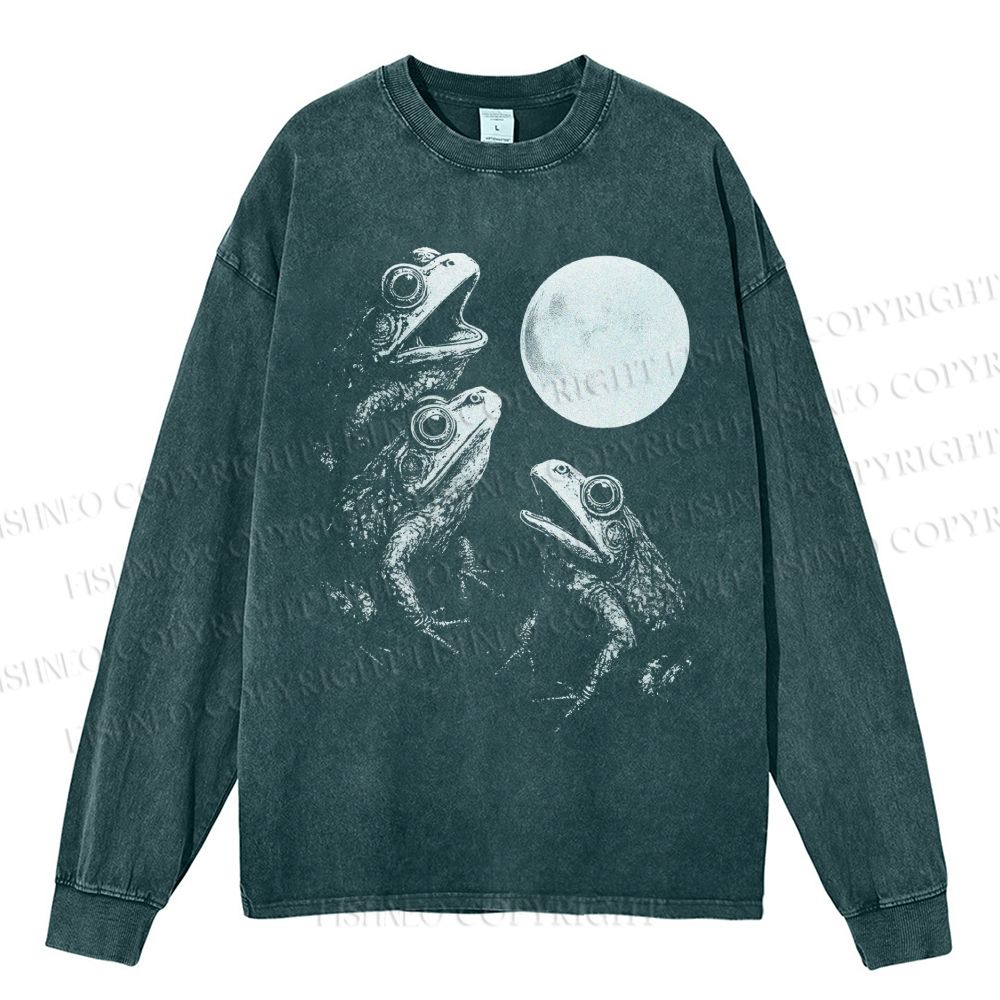 Unisex Casual Washed Frogs Howling To Moon Vintage Printed Long Sleeve T-shirt