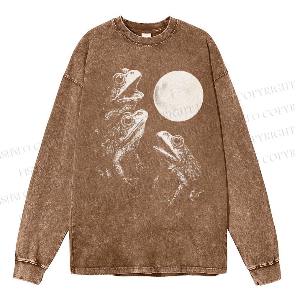 Unisex Casual Washed Frogs Howling To Moon Vintage Printed Long Sleeve T-shirt