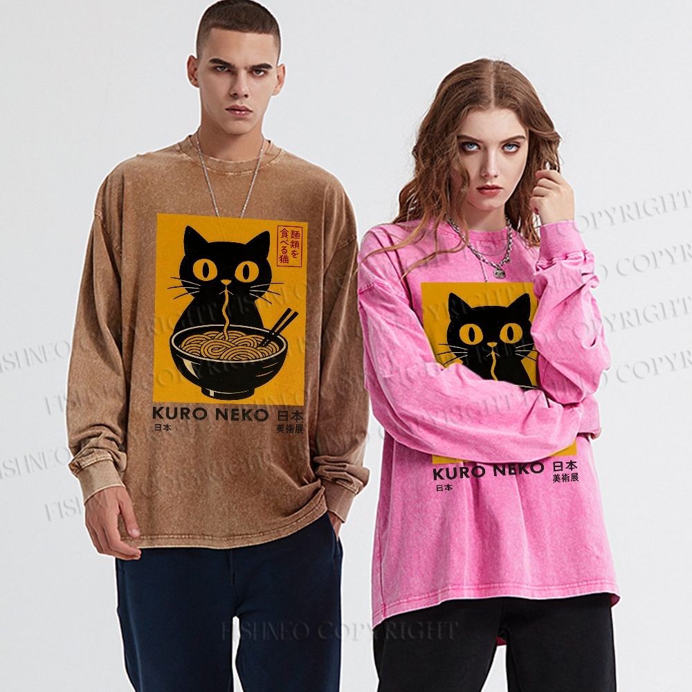 Unisex Casual Washed Kuro Neko Cat Printed Long Sleeve T-shirt