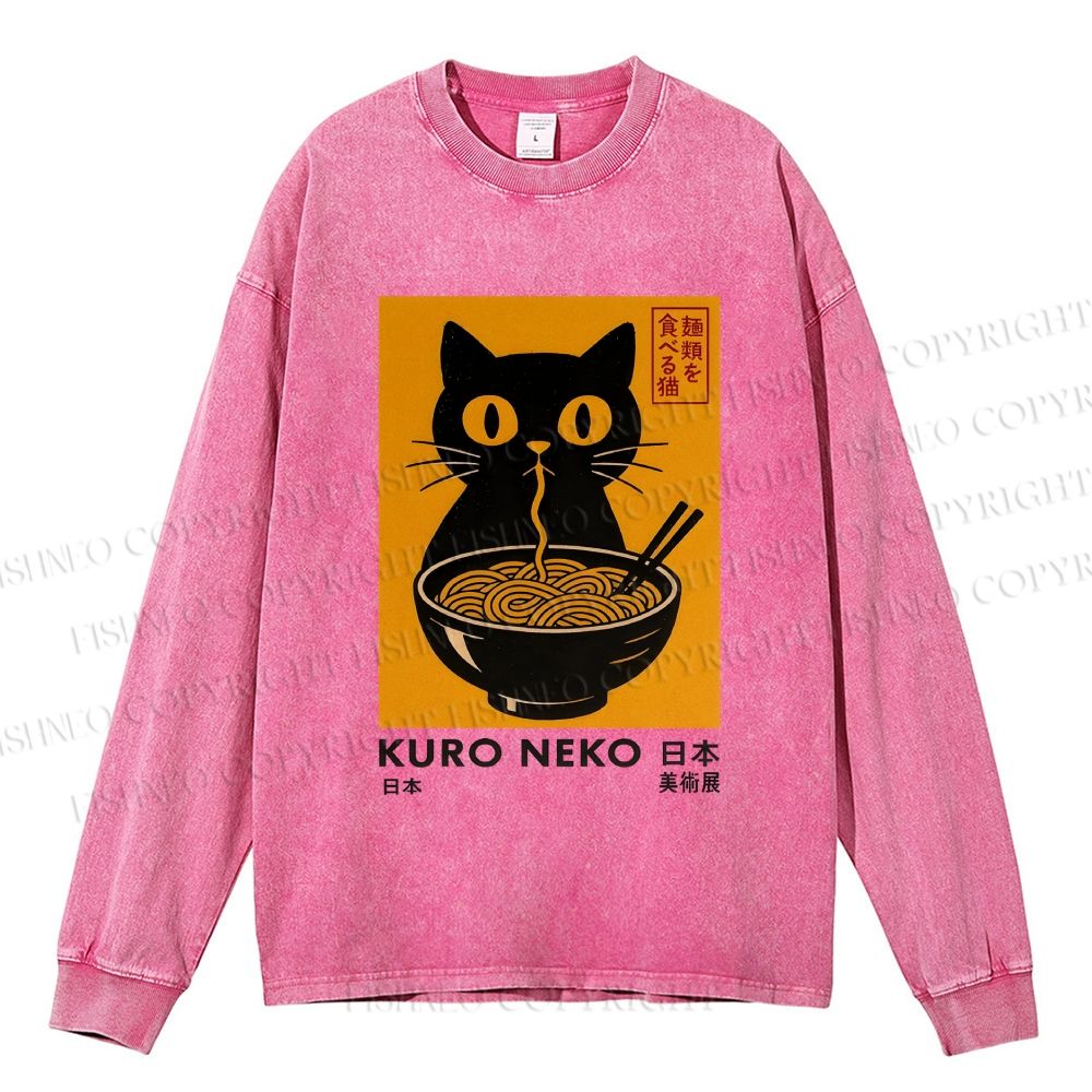Unisex Casual Washed Kuro Neko Cat Printed Long Sleeve T-shirt
