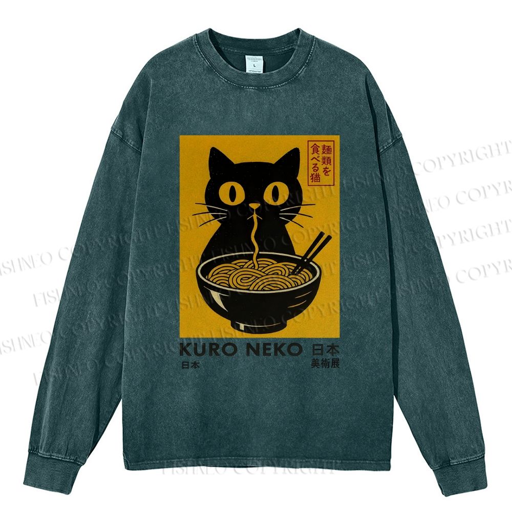 Unisex Casual Washed Kuro Neko Cat Printed Long Sleeve T-shirt