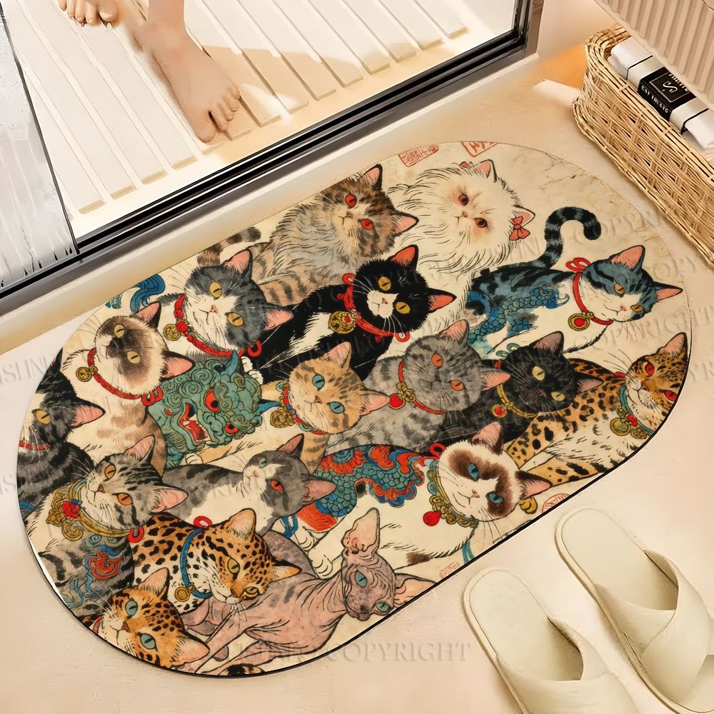 Japanese Art Cats Printed Bath Mat