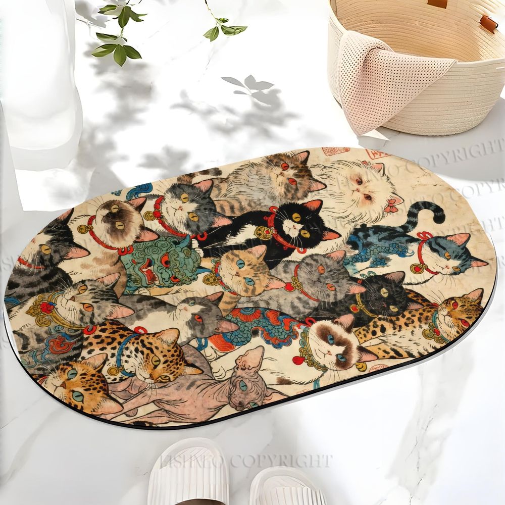 Japanese Art Cats Printed Bath Mat
