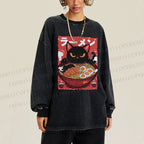 Unisex Casual Washed Ramen cat Printed Long Sleeve T-shirt
