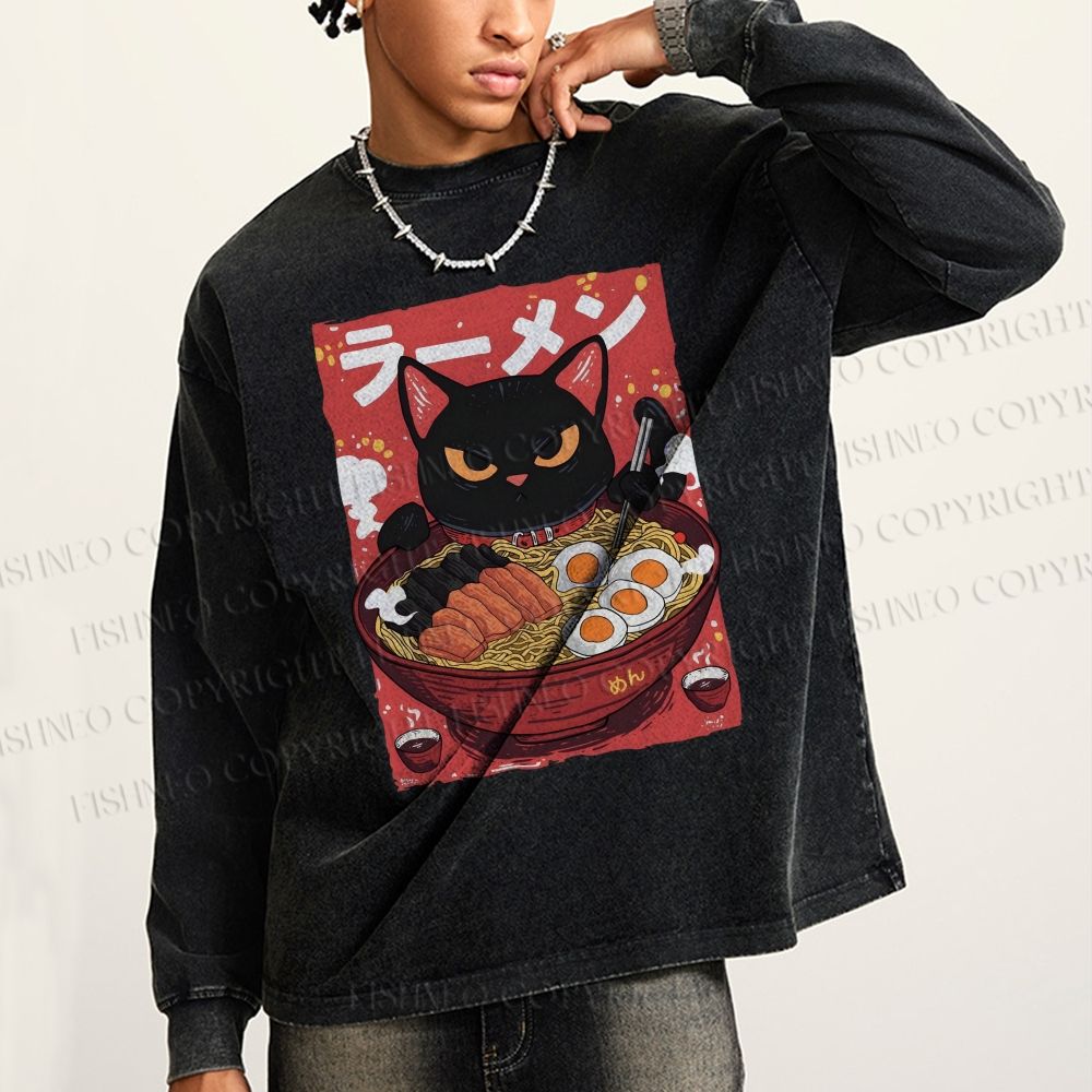 Unisex Casual Washed Ramen cat Printed Long Sleeve T-shirt