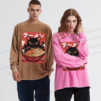 Unisex Casual Washed Ramen cat Printed Long Sleeve T-shirt