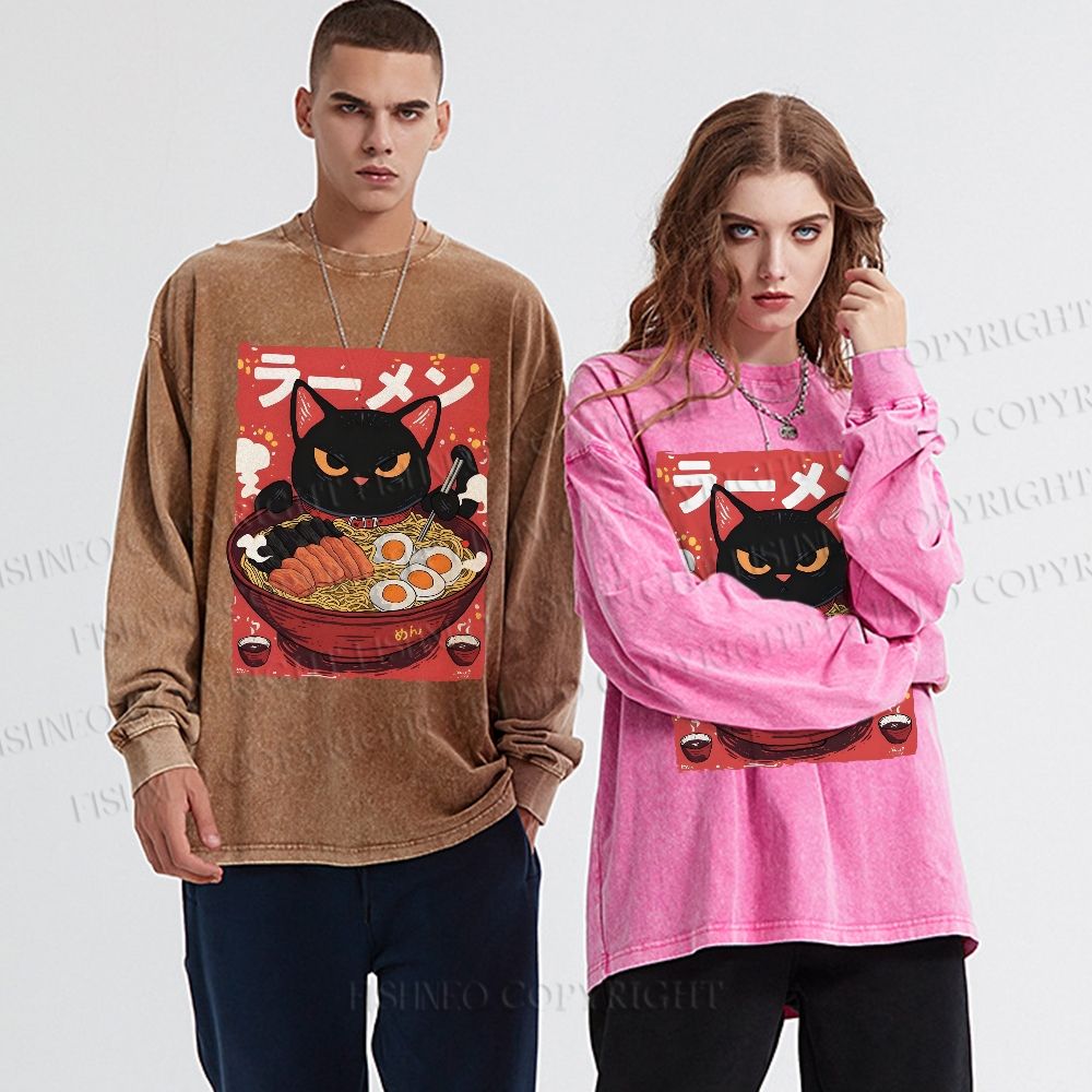 Unisex Casual Washed Ramen cat Printed Long Sleeve T-shirt