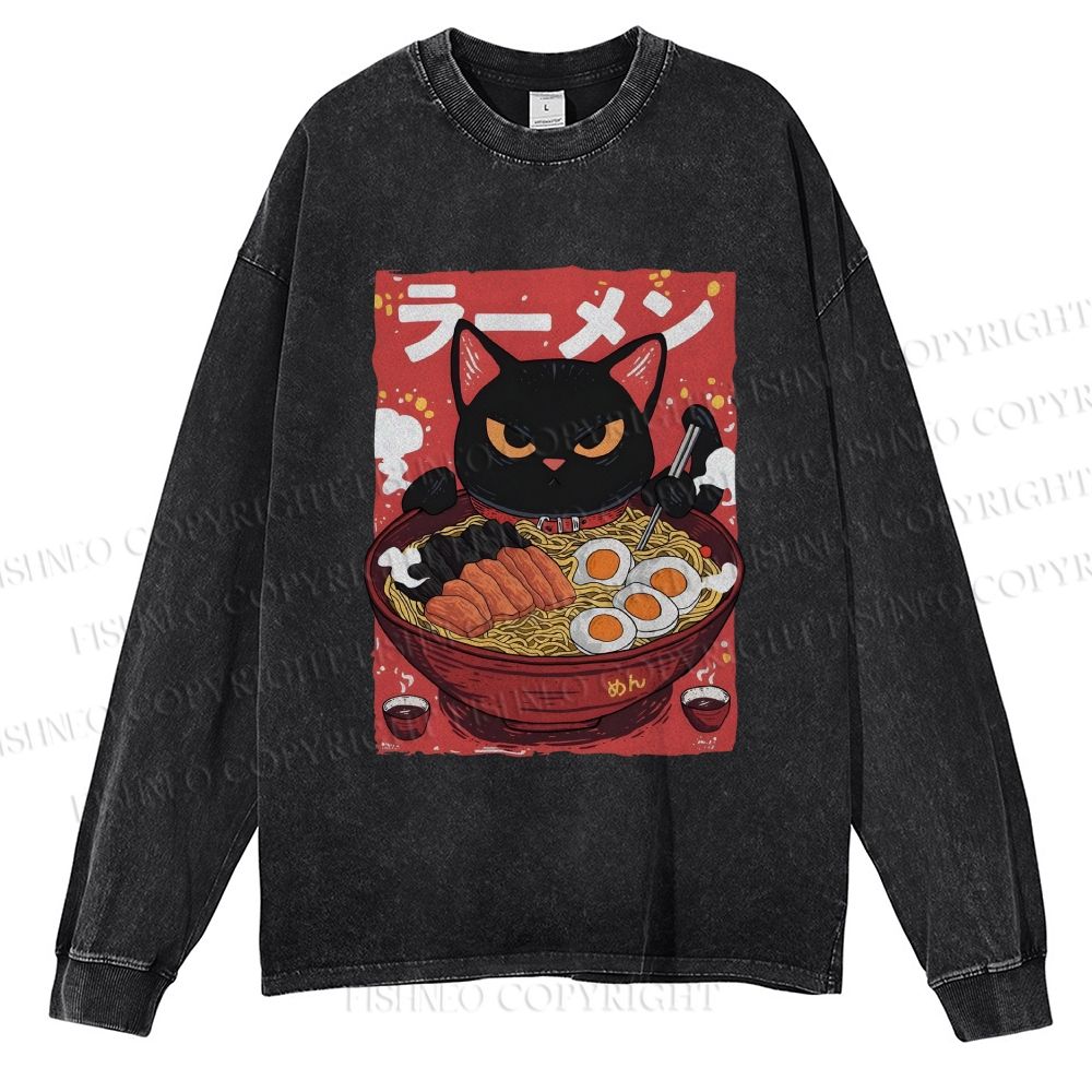 Unisex Casual Washed Ramen cat Printed Long Sleeve T-shirt