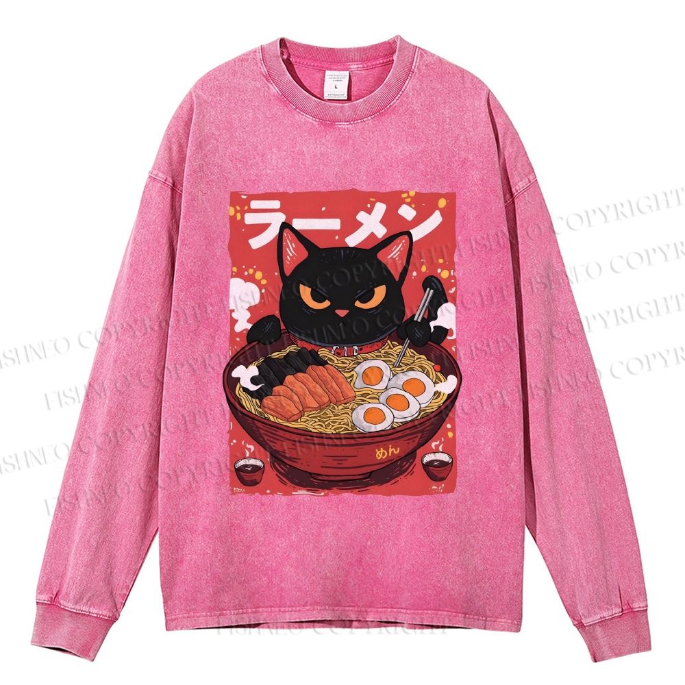 Unisex Casual Washed Ramen cat Printed Long Sleeve T-shirt