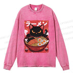 Unisex Casual Washed Ramen cat Printed Long Sleeve T-shirt