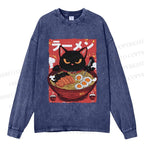 Unisex Casual Washed Ramen cat Printed Long Sleeve T-shirt