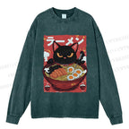 Unisex Casual Washed Ramen cat Printed Long Sleeve T-shirt