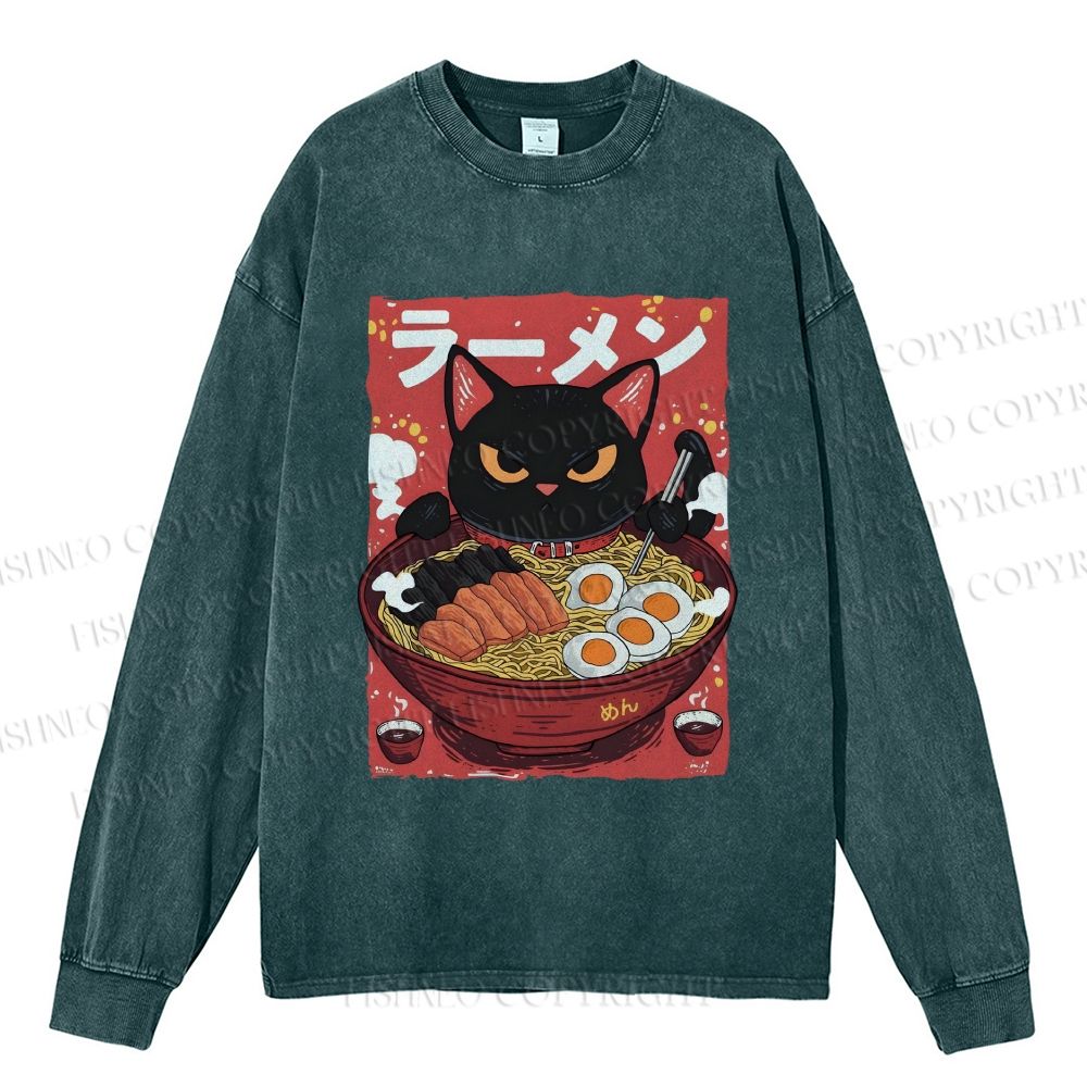 Unisex Casual Washed Ramen cat Printed Long Sleeve T-shirt