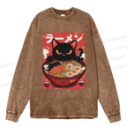 Unisex Casual Washed Ramen cat Printed Long Sleeve T-shirt