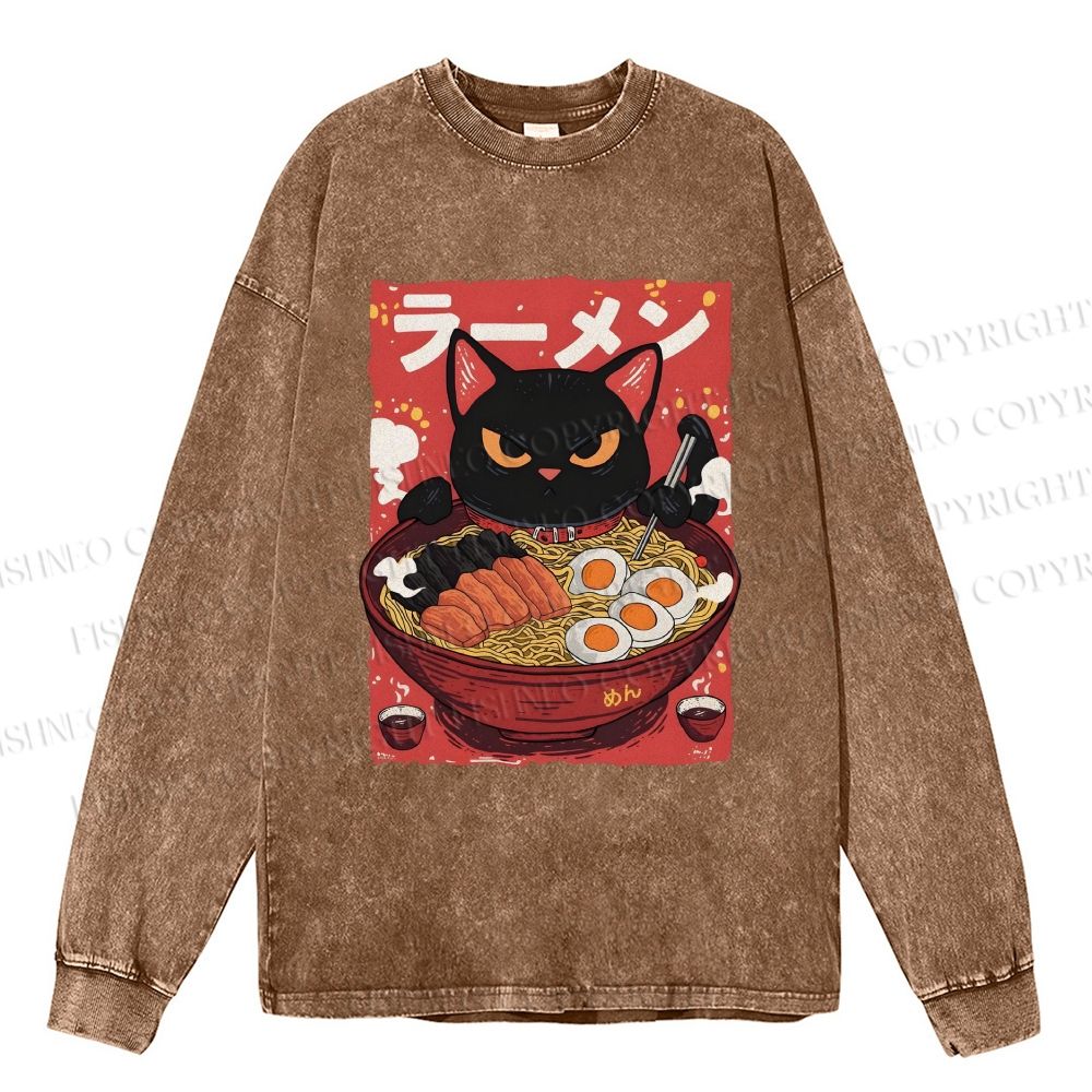 Unisex Casual Washed Ramen cat Printed Long Sleeve T-shirt