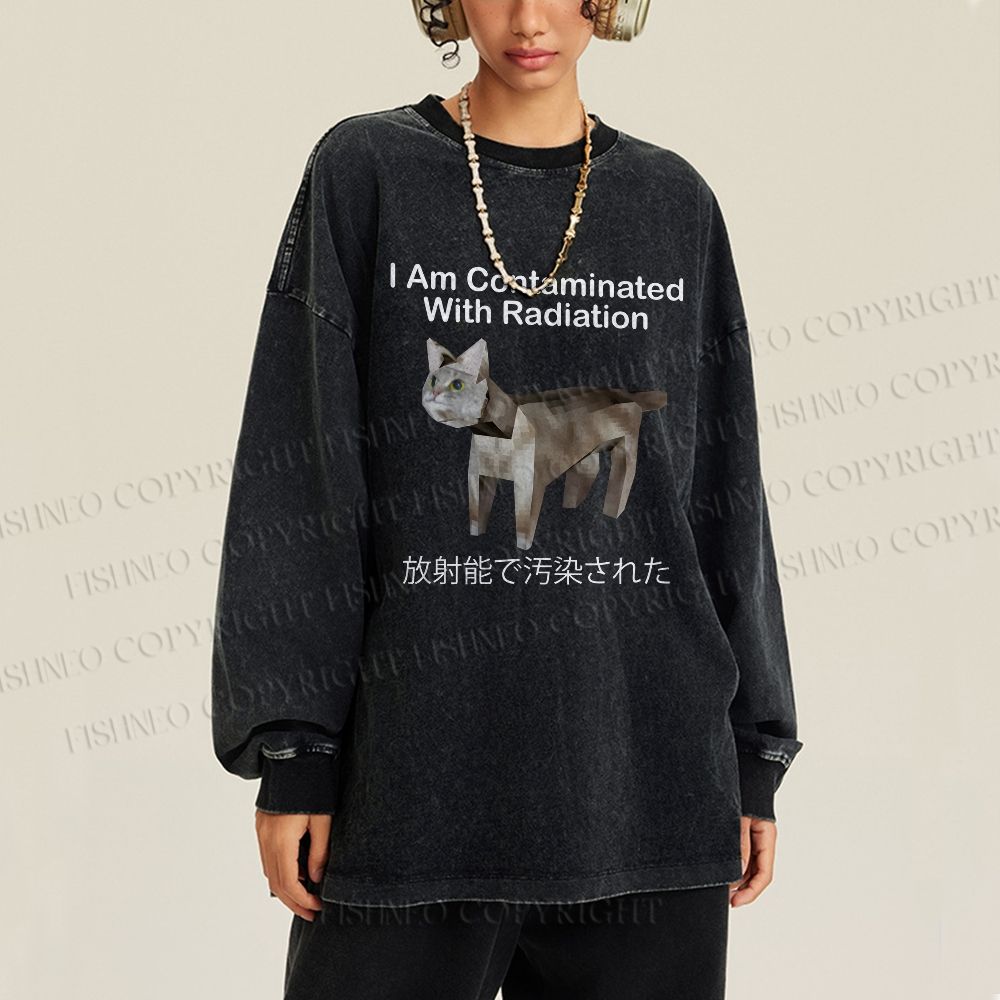 Unisex Casual Washed I Am Contaminated With Radiation Japanese Cat Printed Long Sleeve T-shirt