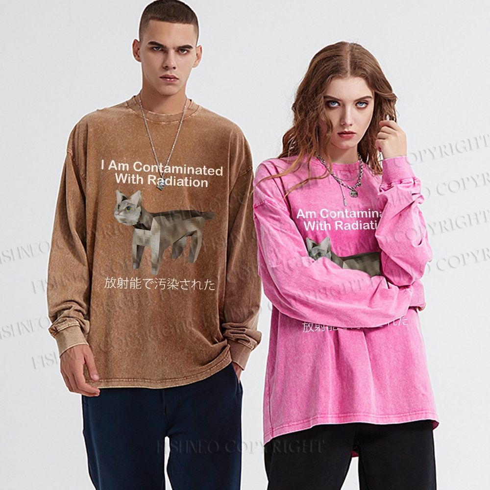 Unisex Casual Washed I Am Contaminated With Radiation Japanese Cat Printed Long Sleeve T-shirt