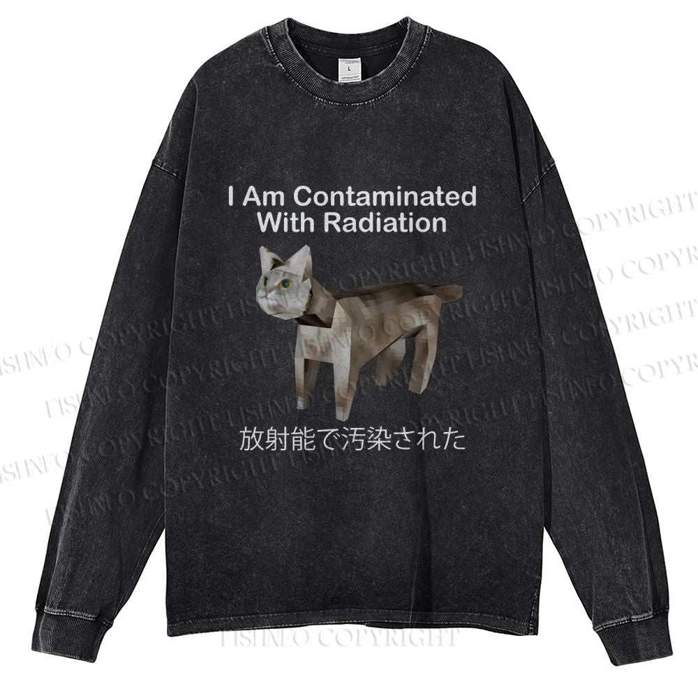 Unisex Casual Washed I Am Contaminated With Radiation Japanese Cat Printed Long Sleeve T-shirt