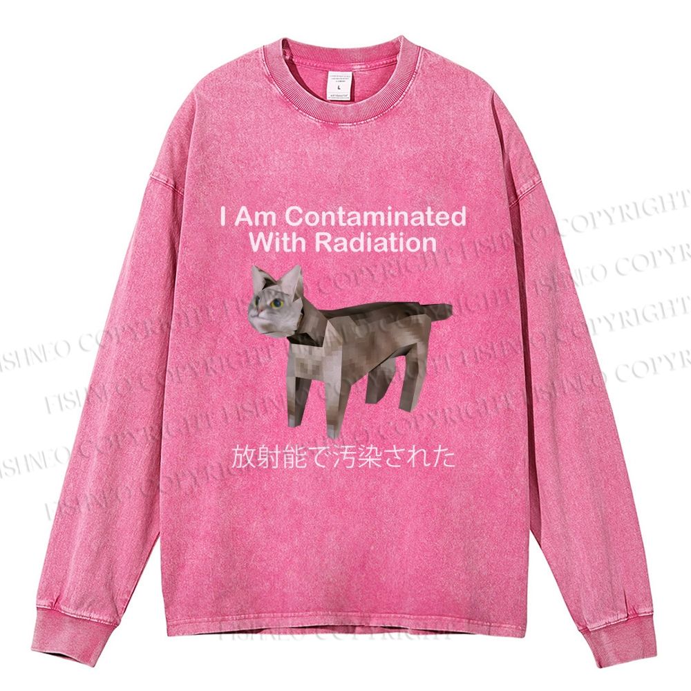 Unisex Casual Washed I Am Contaminated With Radiation Japanese Cat Printed Long Sleeve T-shirt