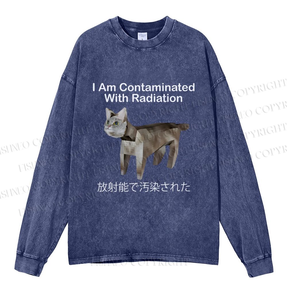 Unisex Casual Washed I Am Contaminated With Radiation Japanese Cat Printed Long Sleeve T-shirt