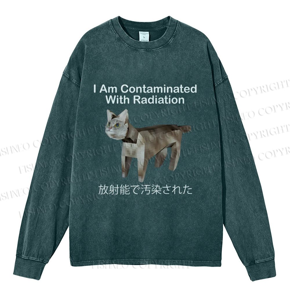 Unisex Casual Washed I Am Contaminated With Radiation Japanese Cat Printed Long Sleeve T-shirt
