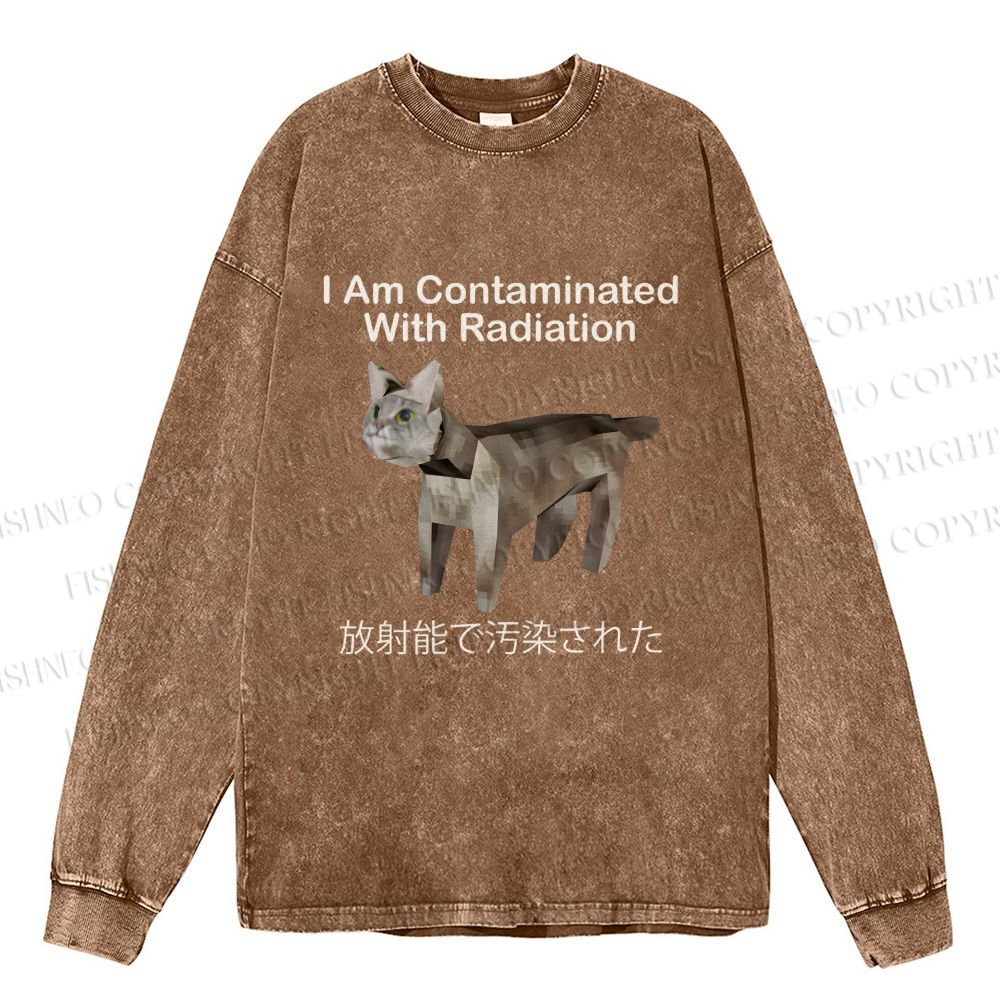 Unisex Casual Washed I Am Contaminated With Radiation Japanese Cat Printed Long Sleeve T-shirt