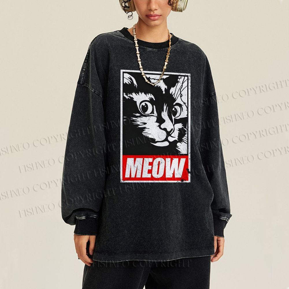 Unisex Casual Washed Meow Printed Printed Long Sleeve T-shirt