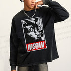 Unisex Casual Washed Meow Printed Printed Long Sleeve T-shirt