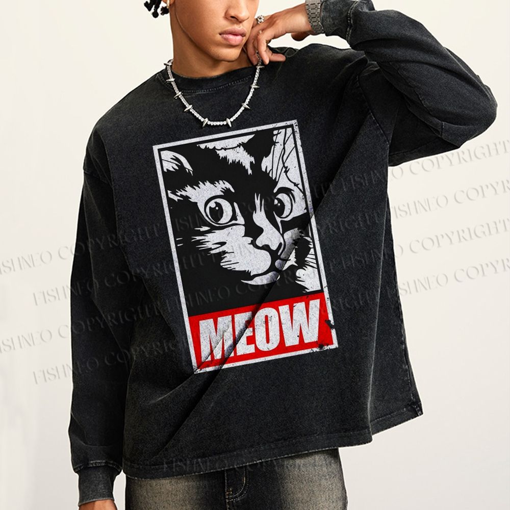 Unisex Casual Washed Meow Printed Printed Long Sleeve T-shirt