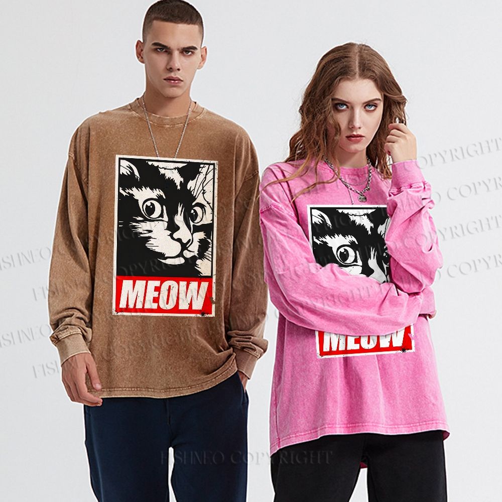 Unisex Casual Washed Meow Printed Printed Long Sleeve T-shirt