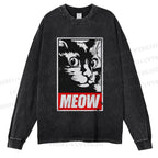 Unisex Casual Washed Meow Printed Printed Long Sleeve T-shirt