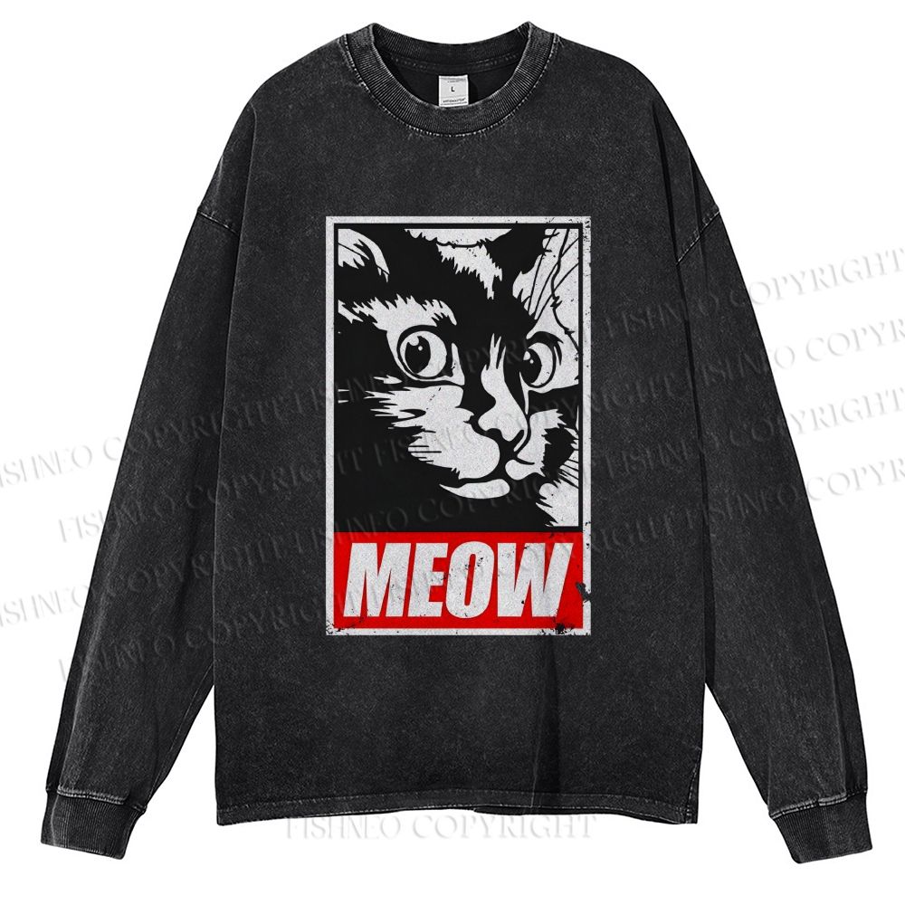 Unisex Casual Washed Meow Printed Printed Long Sleeve T-shirt