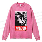 Unisex Casual Washed Meow Printed Printed Long Sleeve T-shirt