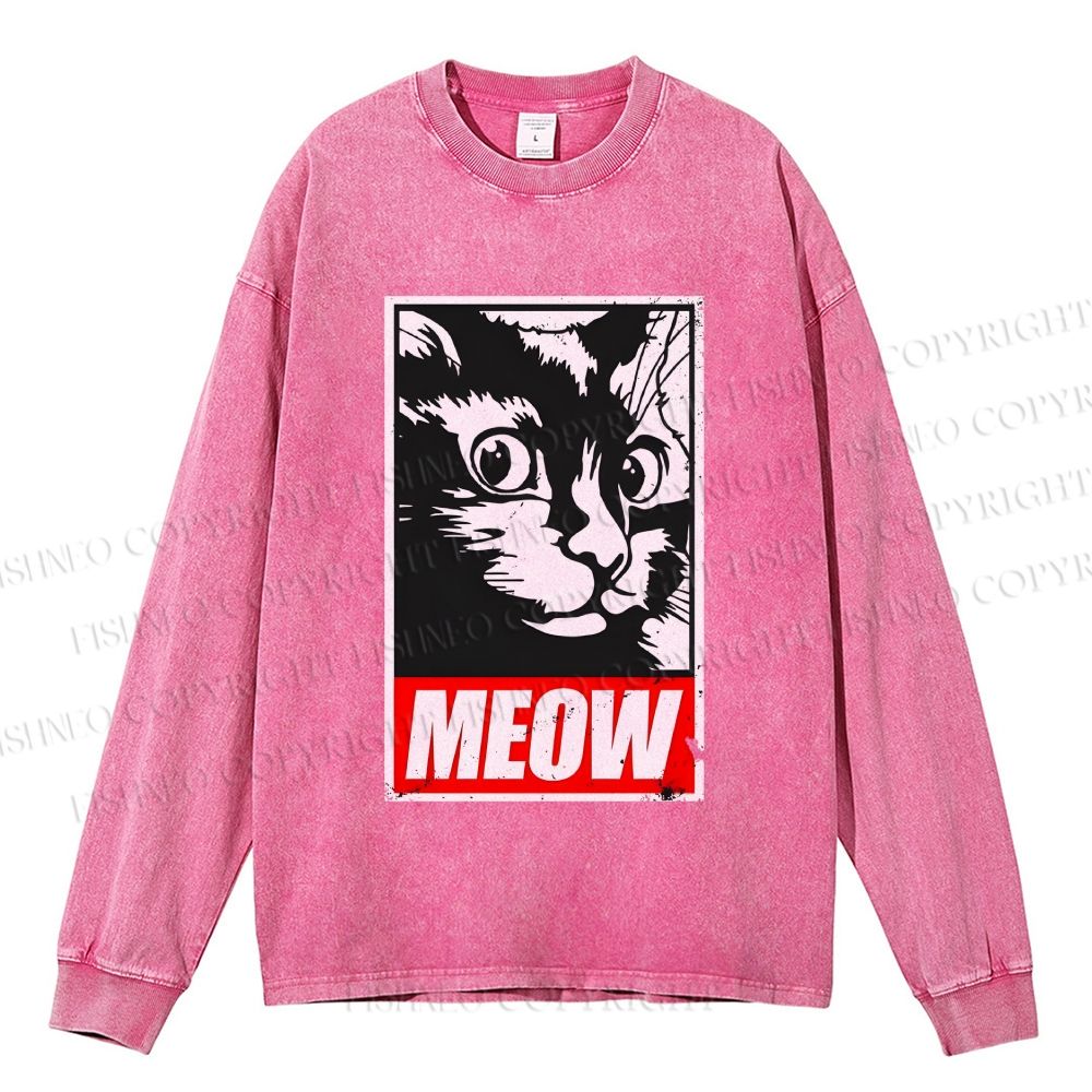 Unisex Casual Washed Meow Printed Printed Long Sleeve T-shirt