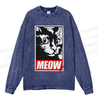 Unisex Casual Washed Meow Printed Printed Long Sleeve T-shirt
