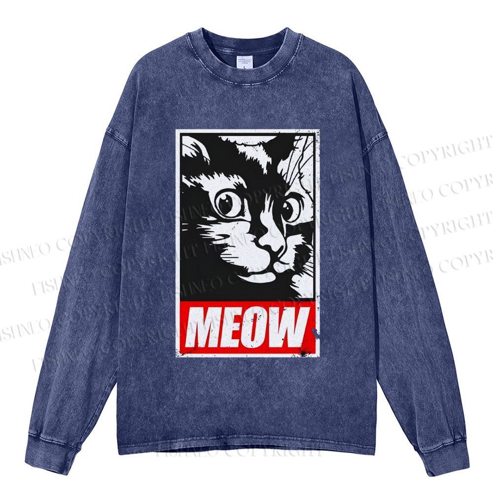 Unisex Casual Washed Meow Printed Printed Long Sleeve T-shirt