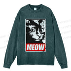 Unisex Casual Washed Meow Printed Printed Long Sleeve T-shirt
