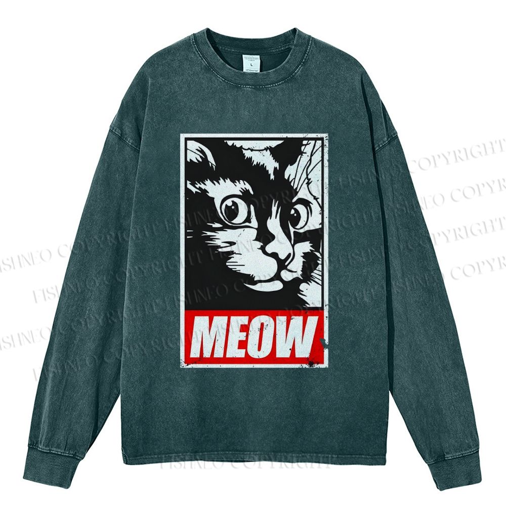 Unisex Casual Washed Meow Printed Printed Long Sleeve T-shirt