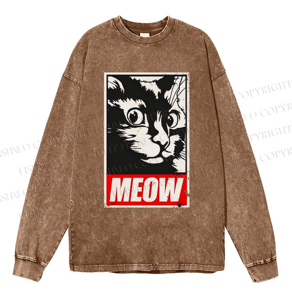 Unisex Casual Washed Meow Printed Printed Long Sleeve T-shirt