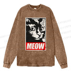Unisex Casual Washed Meow Printed Printed Long Sleeve T-shirt