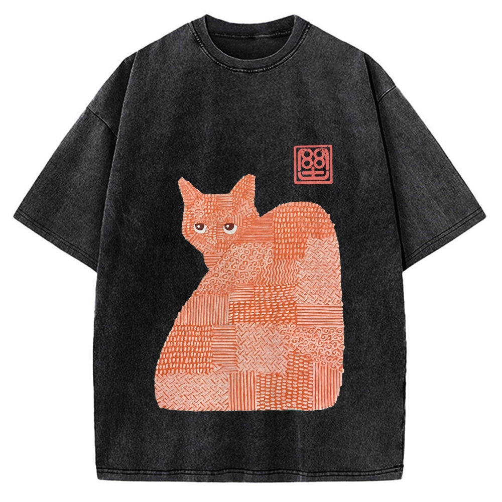 Geometric Patchwork Cat Vintage Washed T-shirt