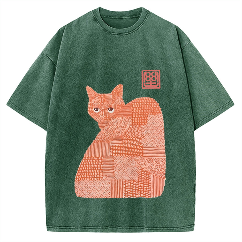 Geometric Patchwork Cat Vintage Washed T-shirt