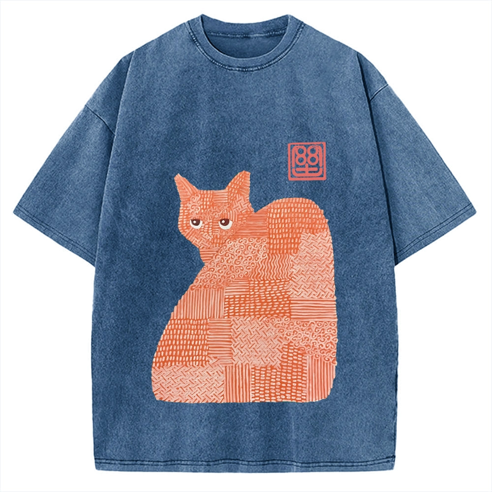 Geometric Patchwork Cat Vintage Washed T-shirt